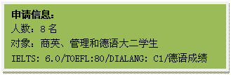 文本框: 申请信息：人数：8名对象：商英、管理和德语大二学生IELTS: 6.0/TOEFL:80/DIALANG: C1/德语成绩