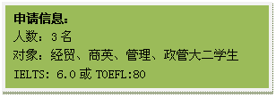 文本框: 申请信息：人数：3名对象：经贸、商英、管理、政管大二学生IELTS: 6.0或TOEFL:80