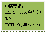 文本框: 申请要求：IELTS: 6.5,单科≥6.0TOEFL:90,写作≥20 